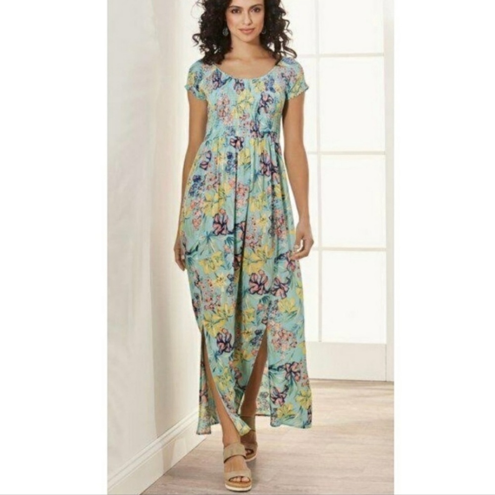 Soft Surroundings Maxi Dress Medium Floral Tropical Smocked Coastal Vacation